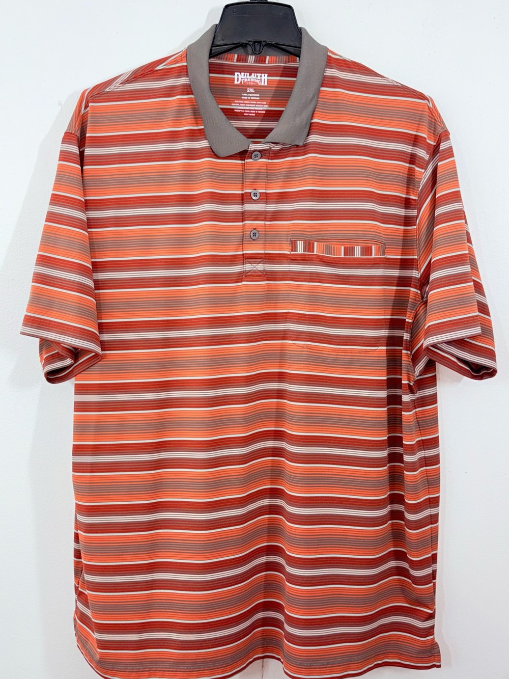 Duluth Trading Co Men’s 2XL Striped Polo Shirt Orange Gray Pocket Performance